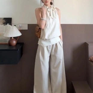 夏日出游穿搭一整套女小個子獨特漂亮高級松弛感無袖 子套裝 上衣褲