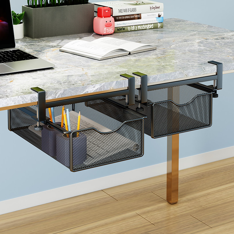 办公室悬挂桌下置物架抽屉式收纳神器抽拉挂篮工位整理桌底免打孔