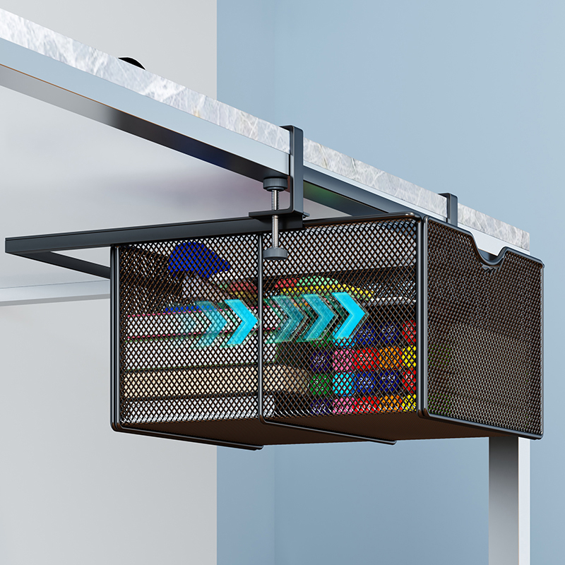 办公桌下收纳柜抽屉式盒置物架横杠悬挂篮筐桌底抽拉神器工位整理