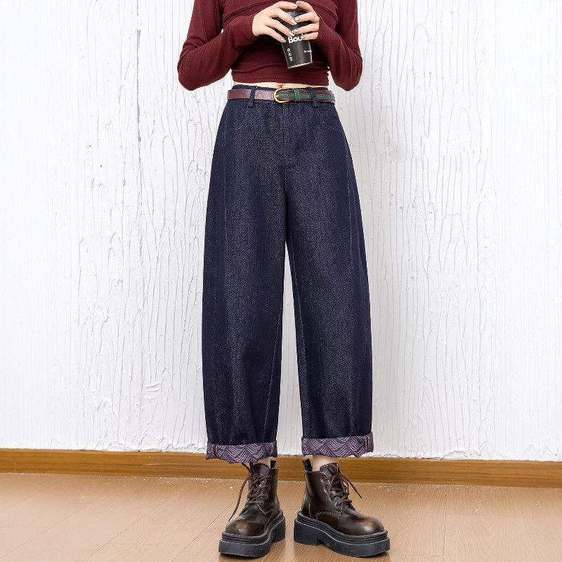 高品质保色弯刀牛仔裤女2025秋新款高腰宽松显瘦底印花九分羊角裤