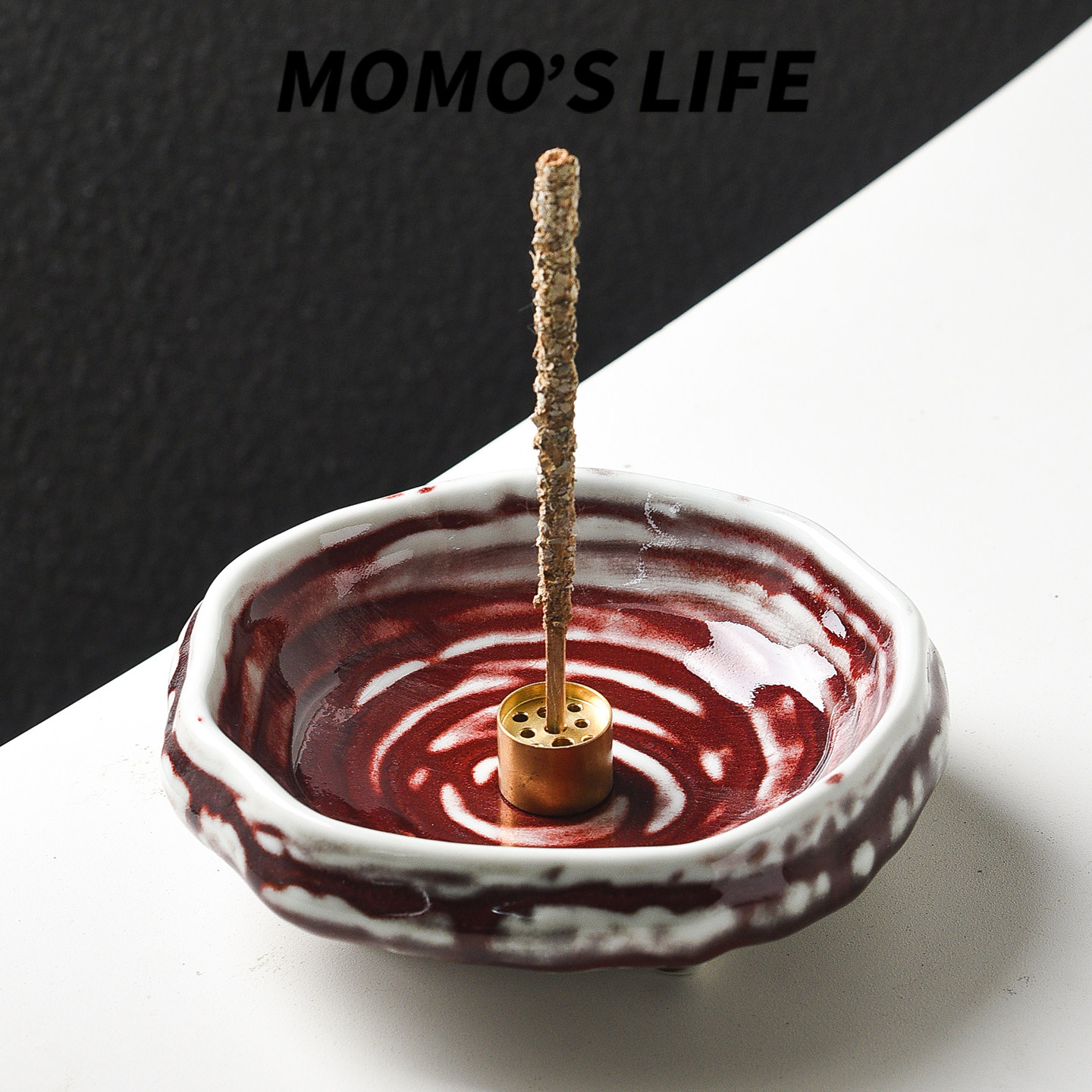 日式陶瓷香薰炉圆形红色香插线香底座手工制作香炉家居装饰品