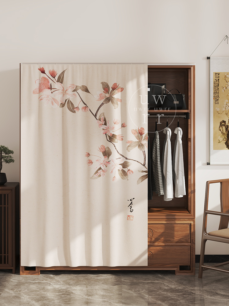 新中式衣柜遮挡帘无门柜子橱柜防尘门帘免打孔滑轨拉帘杂物遮丑帘