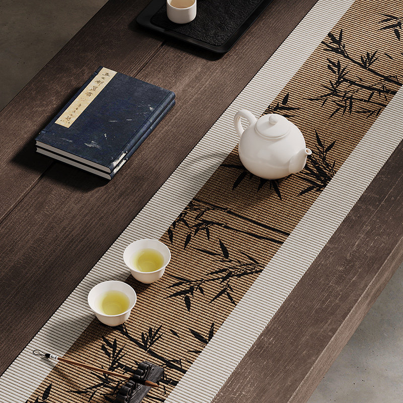 新中式茶席竹子茶台竹席桌旗茶桌垫布长条茶旗茶桌布竹编隔热垫子
