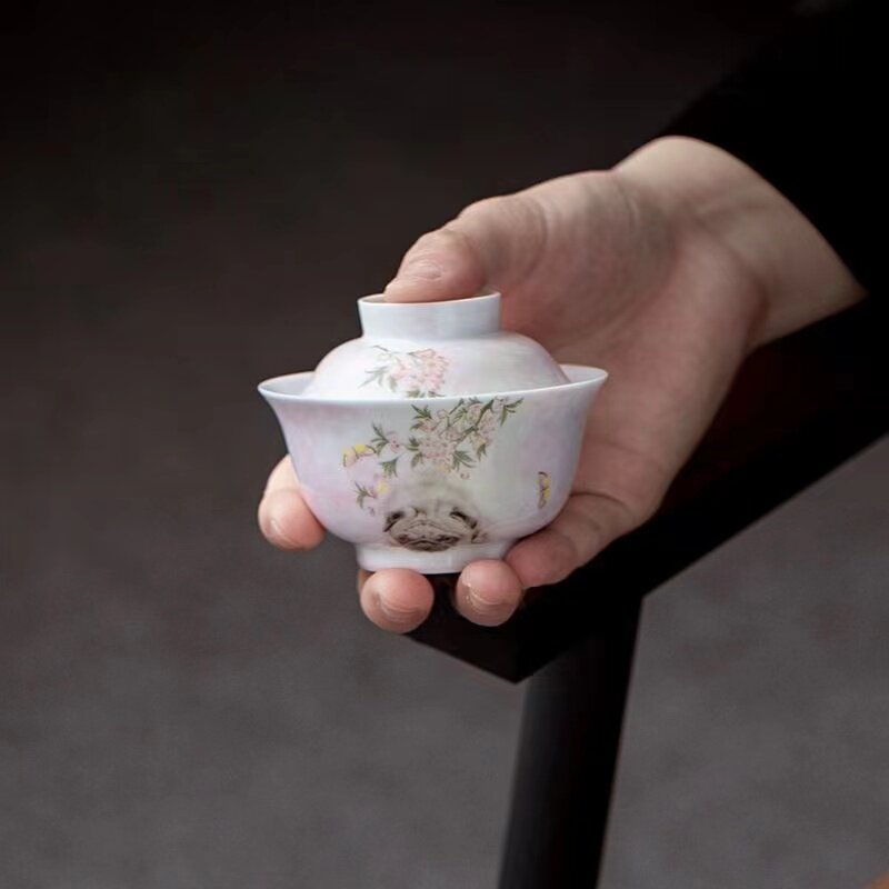 纯手绘桃粉盖碗茶杯创意釉上贴绘巴哥陶瓷功夫茶碗单个家用泡茶器