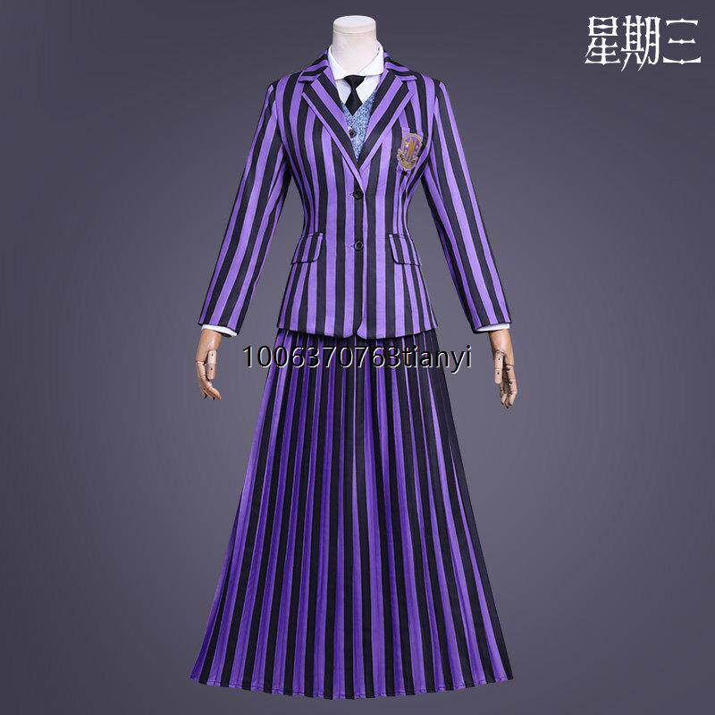 星期三第二季cos亚当斯PT紫色条纹校服制服万圣节COSPLAY服装儿童