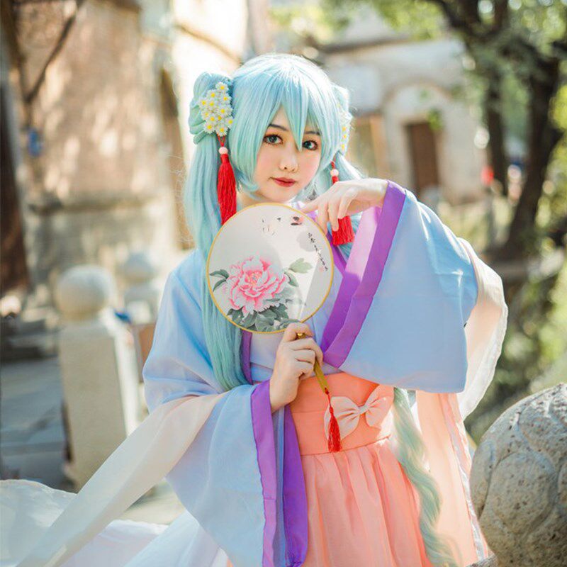 初音miku 中秋明月 赏月 果绿色双虎夹 cos假发