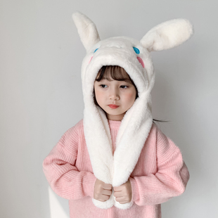 儿童秋冬帽子宝宝兔耳朵会动保暖帽男女童防风护耳毛绒围巾一体帽