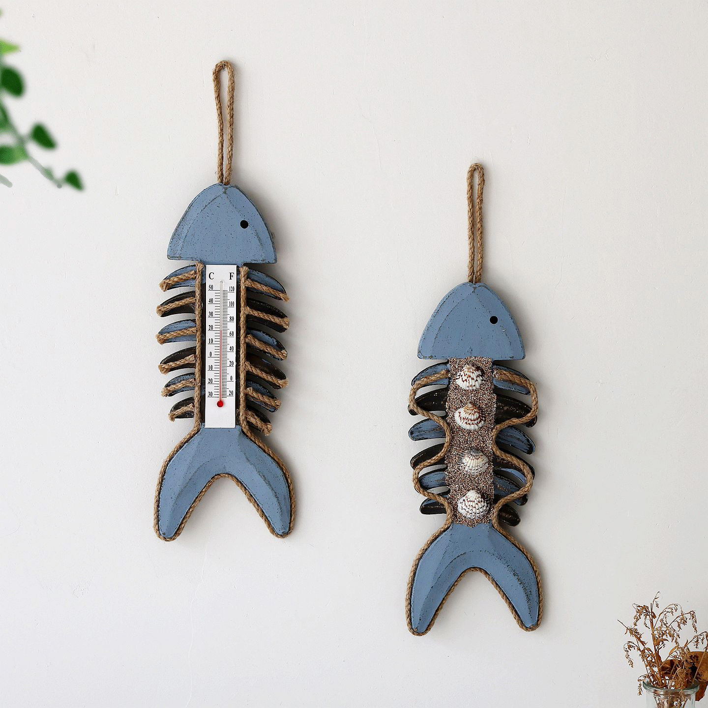 手工做旧鱼骨头挂牌复古鱼骨温度计挂牌玄关地中海风格挂件墙挂饰