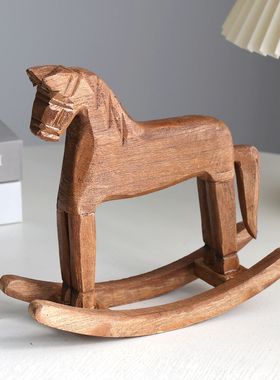 复古木质摇马摆件家居装饰品书房客厅工艺品田园风实木马造型装饰