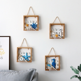 地中海风格立体装饰栅栏木框挂画海洋风实木四方框创意挺壁饰壁挂