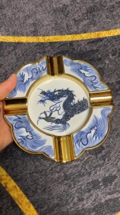 异形描金雪茄缸景德镇手工绘陶瓷烟灰缸青花送礼高档家用元龙矾红