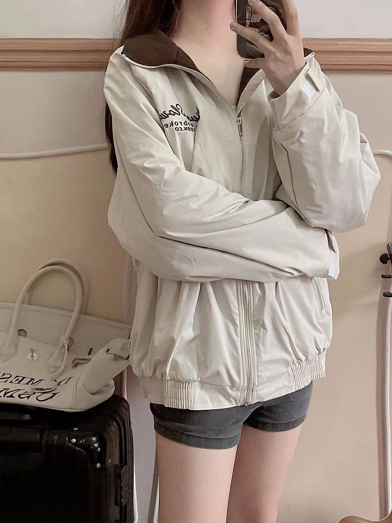 美式复古翻领夹克外套女春秋季2023新款宽松潮牌设计感刺绣棒球服