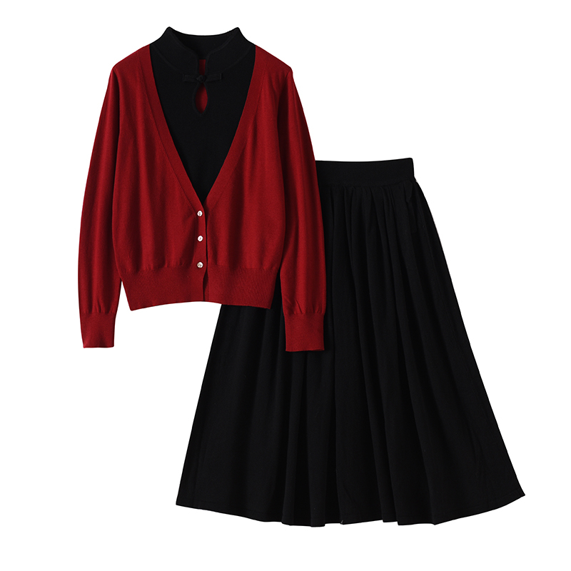 中国风红色纯羊毛开衫套装女春秋季旗袍领盘扣毛衣加裙子针织上衣