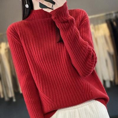 半高领宽松100纯羊毛毛衣女秋冬新款纯色短款内搭加厚打底针织衫