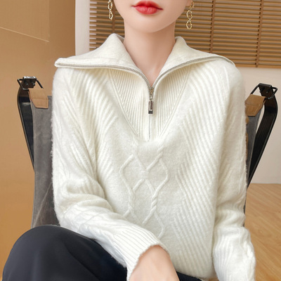 秋冬100纯羊毛衫女加厚半开拉链翻领菱形款式套头针织羊绒衫毛衣