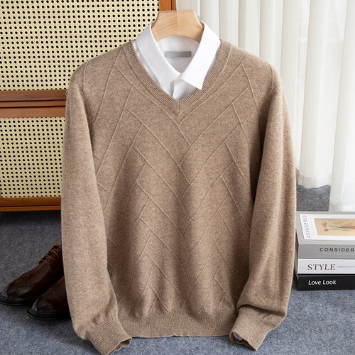 秋冬新款男V领100纯羊毛衫加厚鸡心领毛衣商务休闲保暖针织打底衫