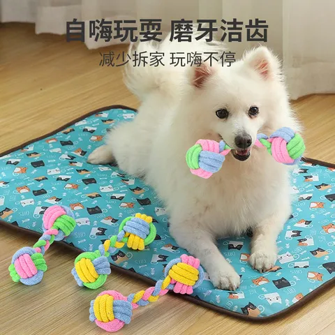 双头球杠铃狗狗啃咬编制彩色互动玩具结绳手工棉绳玩具宠物用品