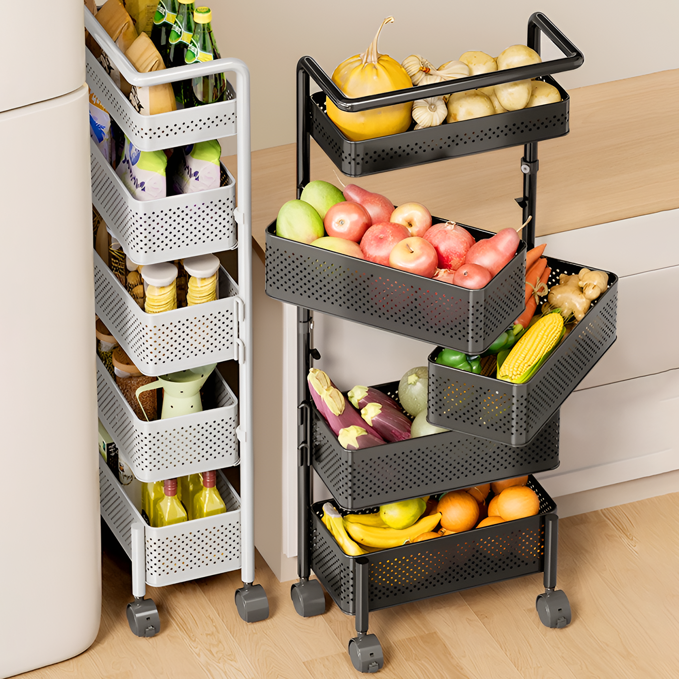 窄缝厨房夹缝置物架冰箱侧旋转落地多层缝隙收纳筐水果蔬菜小推车