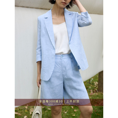 芝美日禾 双色色织亚麻撞色七分袖西装+休闲短裤通勤套装