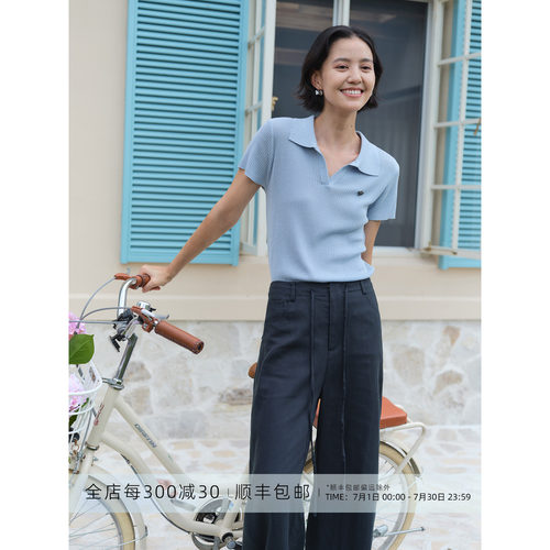 芝美日禾 闪丝逸彩 100%莱赛尔海鸥领坑条针织Polo小马短袖T恤