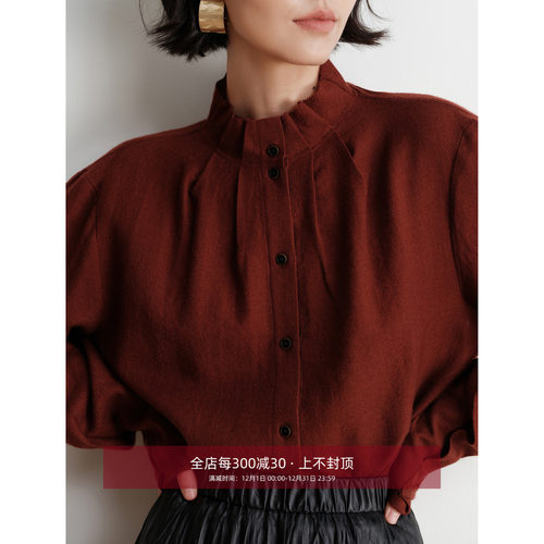芝美日禾 红色热烈100%全羊毛特种绣花褶狗牙长袖衬衫女上衣