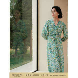 芝美日禾 16姆米真丝双绉绿色碎花绿色碎花大摆连衣裙 绿野仙踪