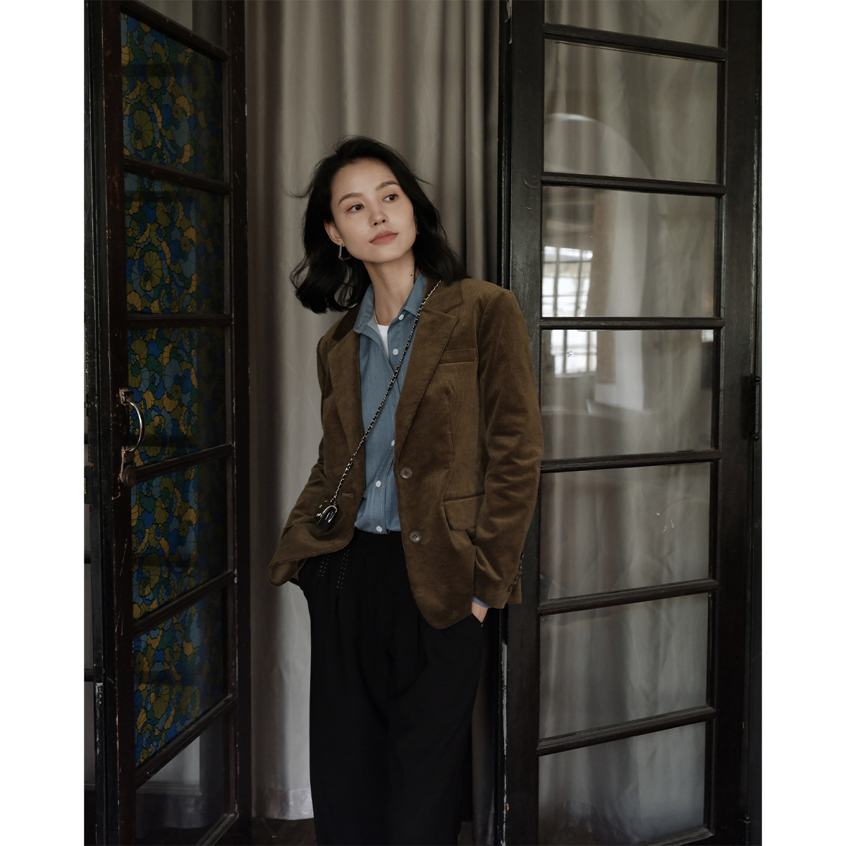 芝美日禾 灯芯绒西装外套女橄榄绿弹力略修身复古高级感小众秋冬