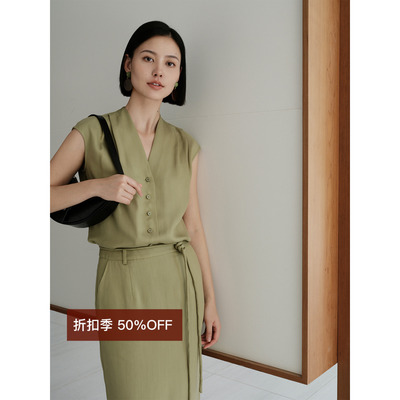 【断码清仓5折】天丝牛油果绿V领开襟衬衫+系带半裙通勤套装