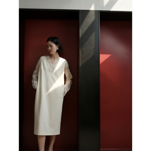 芝美日禾 温柔米白大U领醋酸针织百搭叠穿中长款无袖背心连衣裙