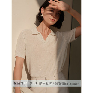 芝美日禾 镂花点星 天丝亚麻珠片纱钩花翻领针织短袖t恤宽松上衣