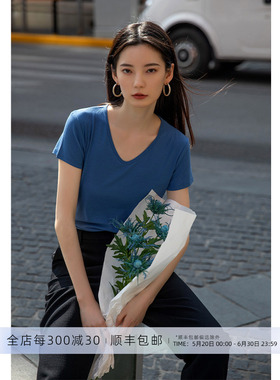 芝美日禾 桑蚕丝螺纹U领/V领短袖T恤女重磅弹力纯色简约高级质感