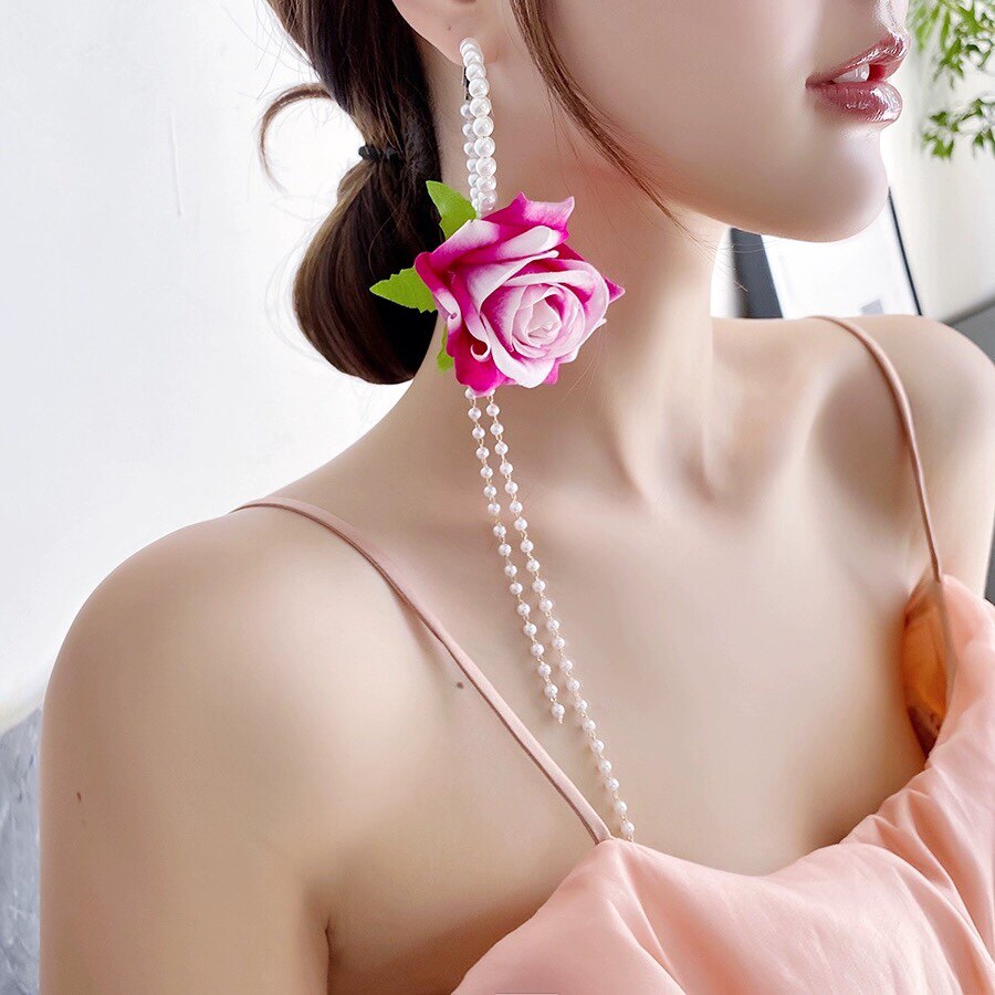仿真花绢纱花朵长款耳环耳坠珍珠流苏个性夸张新娘影楼模特耳饰女