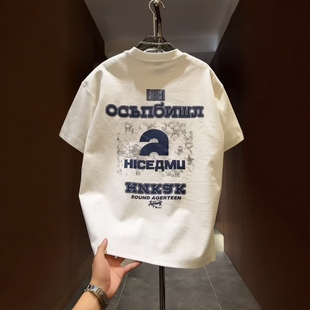 潮牌夏季 体恤百搭痞帅纯棉短袖 新款 字母印花半袖 美式 白色t恤男士