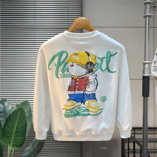 白色卡通印花卫衣男秋季2025新款休闲长袖T恤百搭圆领时尚打底衫
