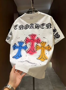 2025夏季新款潮牌梵文印花短袖T恤男士美式复古休闲百搭半袖上衣