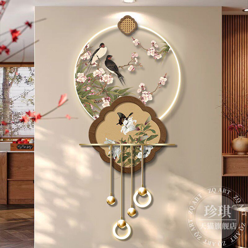 喜上眉梢玄关装饰画宋代美学高级感立体LED壁灯入户走廊过道挂画