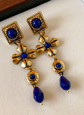 中古vintage耳钉银针花朵水滴耳坠宫廷复古气质耳饰女轻奢高级感