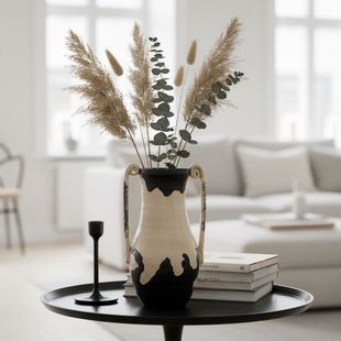 复古风双耳陶瓷花瓶黑白抽象设计家居装饰摆件客厅书房