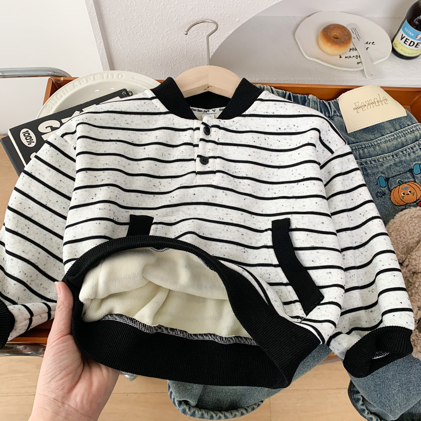 男童加绒卫衣秋冬装一体绒POLO衫儿童韩版时尚条纹上衣宽松套头衫