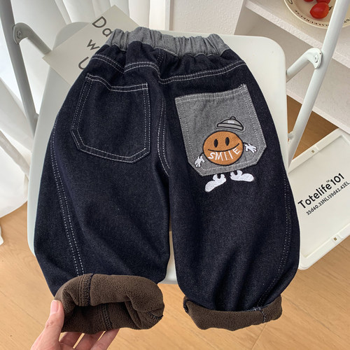 中小童冬季柔软一体绒牛仔弯刀裤