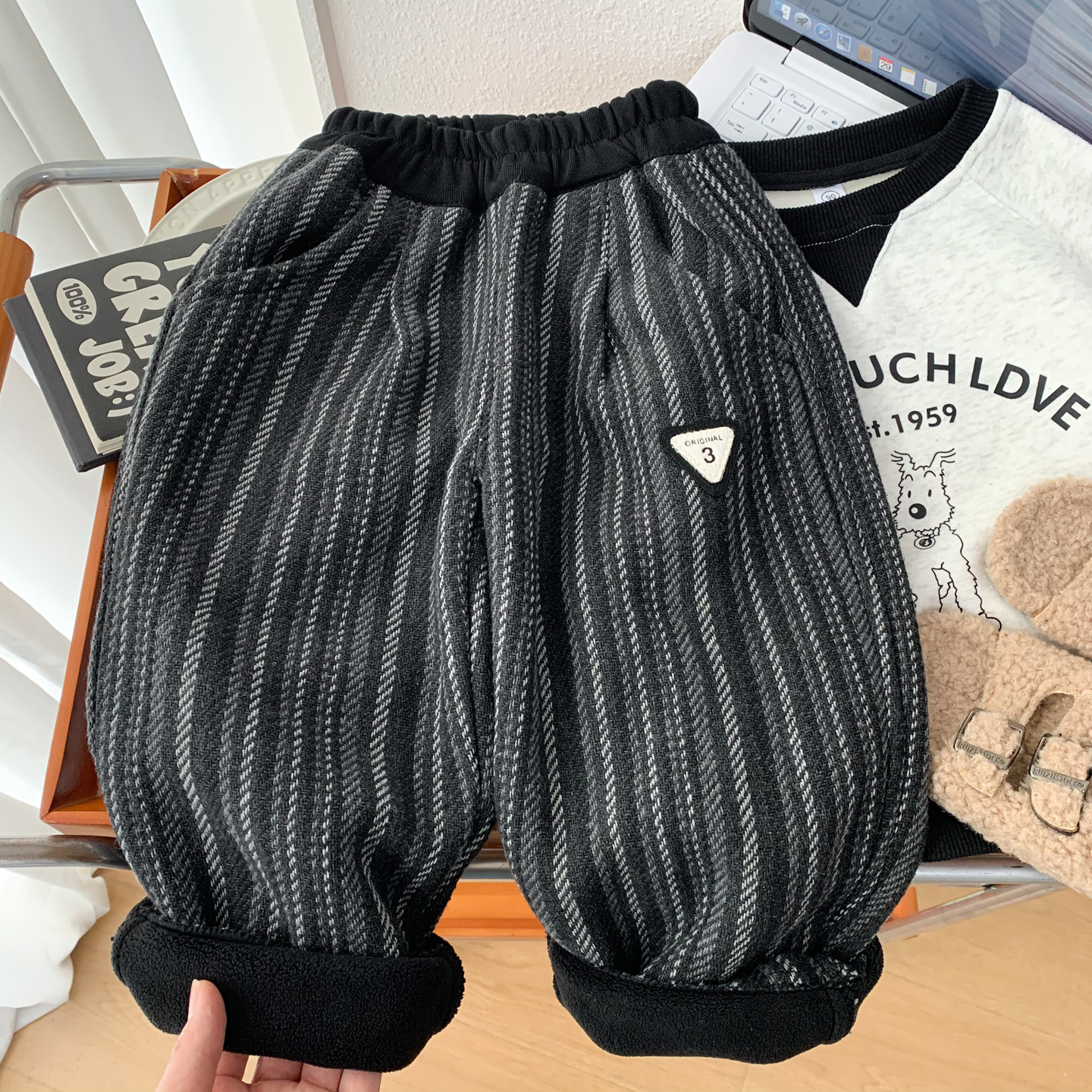 男孩时尚竖条纹冬季加绒休闲裤潮