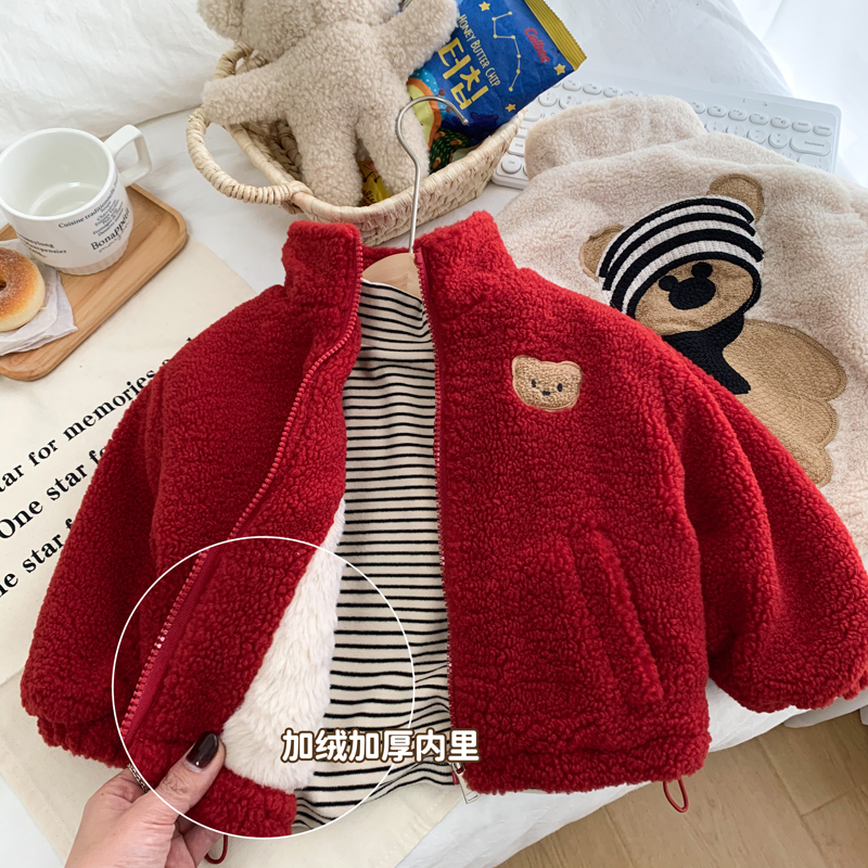 2024冬季新款男女童毛毛衣外套洋气中小童加绒加厚保暖羊羔毛上衣