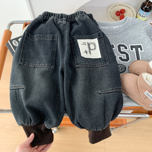 男孩加绒牛仔灯笼裤冬款束脚裤潮