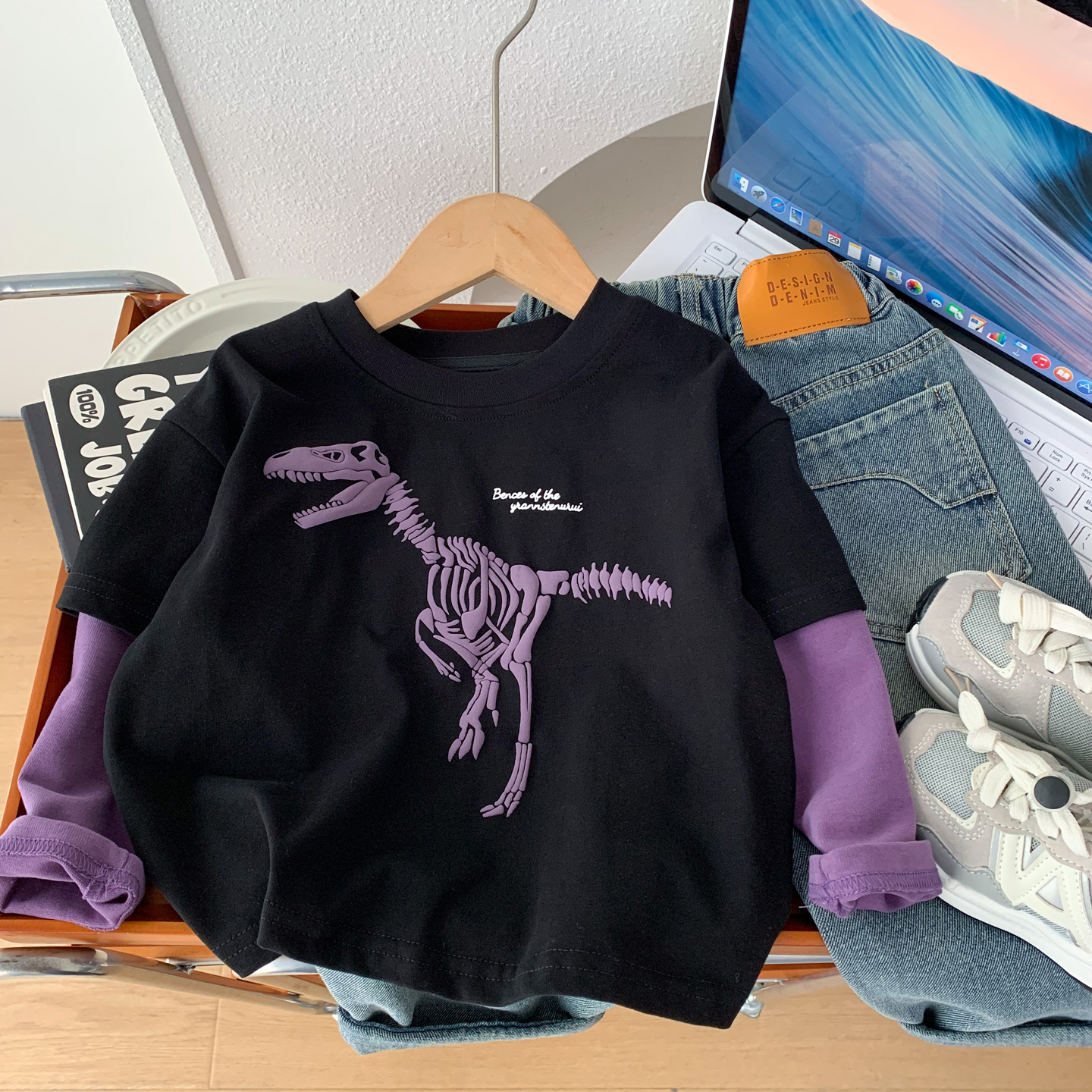 小男孩卡通恐龙长袖T恤假两件潮T