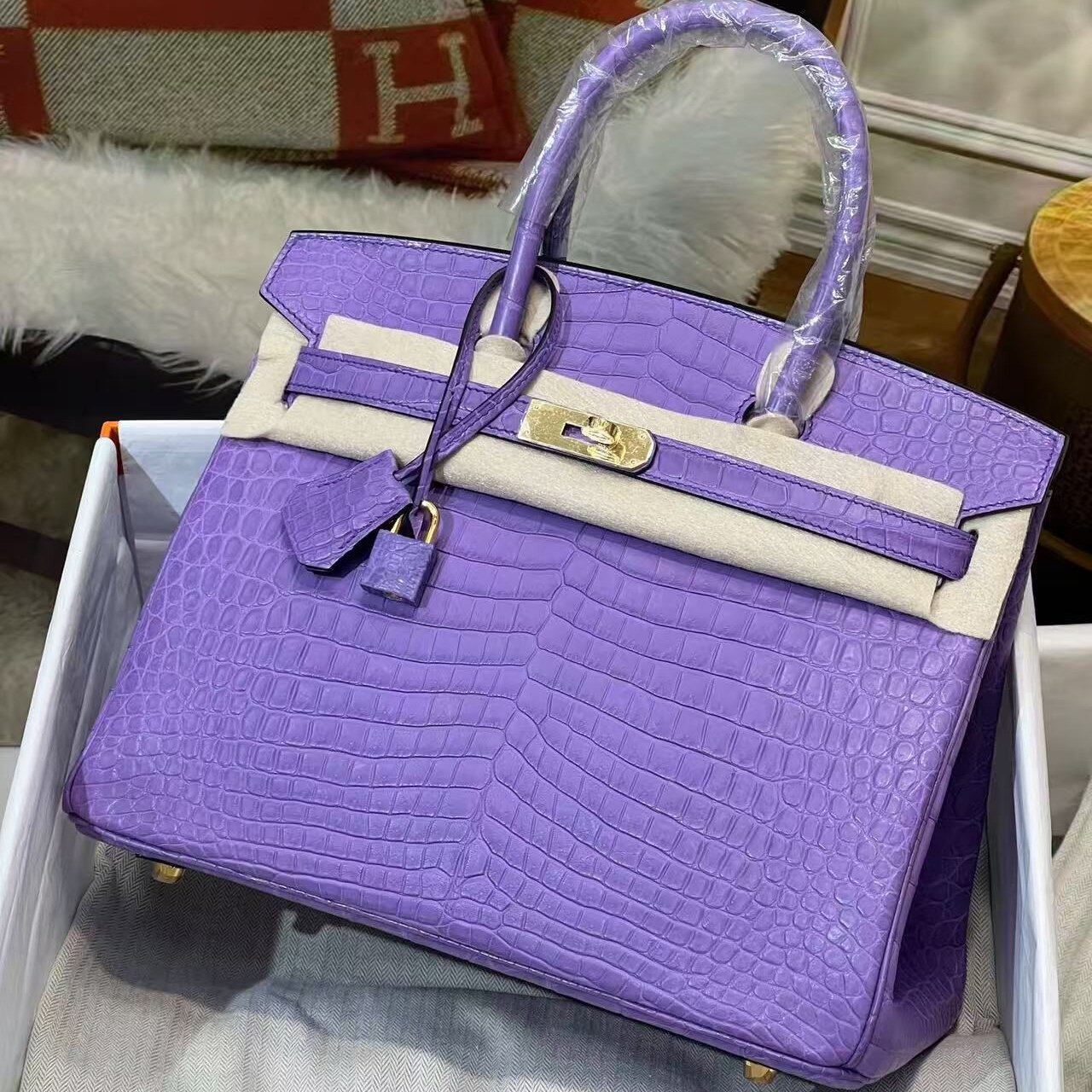倒V雾面湾鳄鳄鱼皮BK铂金包30女士手提包纯手工女包带锁紫色高定