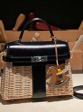 黑色凯莉藤条野餐包竹编拼BOX皮女士手提包纯手工女包个性时尚