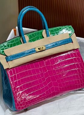 三拼色高光进口尼罗鳄鱼皮BK铂金包25CM女士手提包纯手工撞色女包