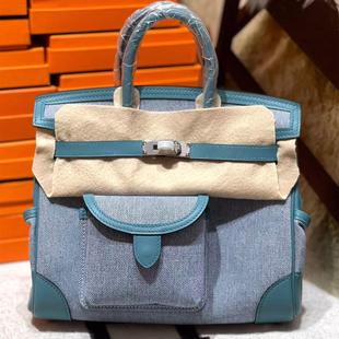 轻奢swift皮拼接牛仔蓝女士铂金包25全手工缝银扣 帆布2024新款