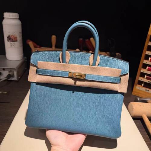 牛仔蓝togo皮手工女包BK铂金包25女士手提包私人定制女包带锁