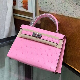 泡泡粉稀有进口KK鸵鸟皮KL凯莉包二代迷你mini女士单肩斜挎小包包